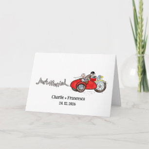 Tarjeta Boda de moto customizada y sidecar de novios