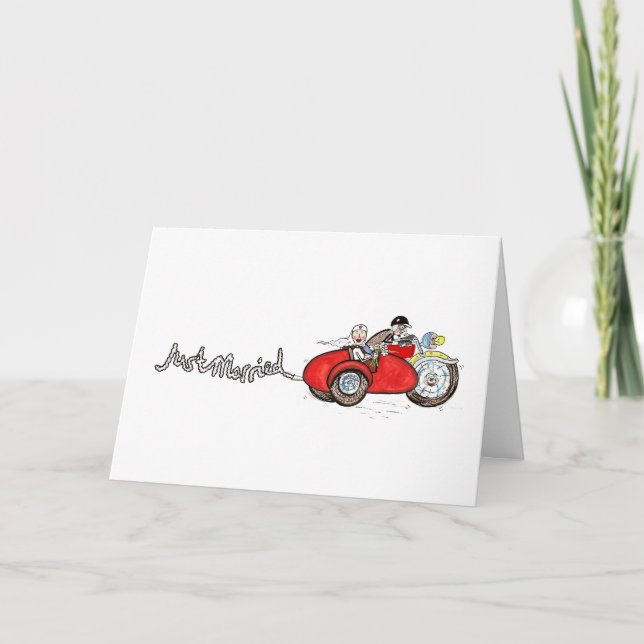 Tarjeta Boda de moto customizada y sidecar de novios (Anverso)