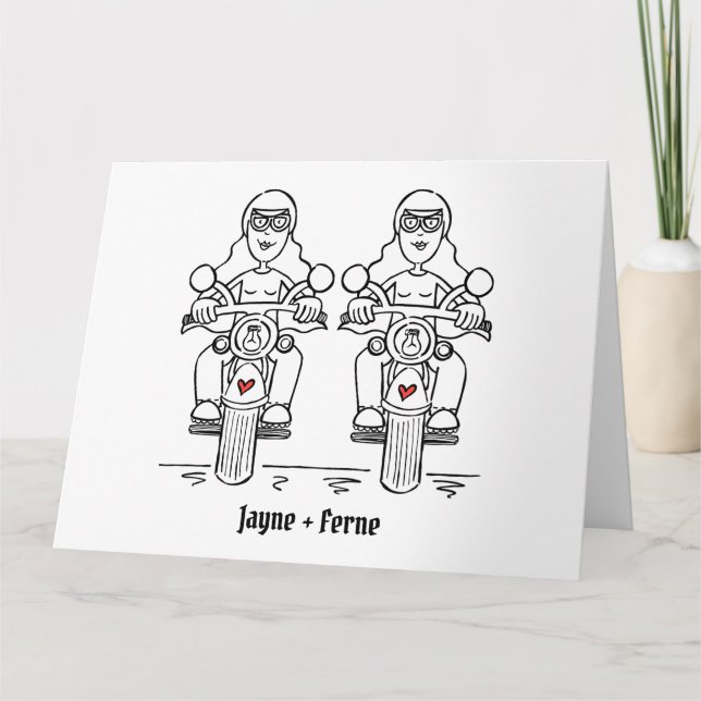Tarjeta Boda de motocicleta de dos novias (Anverso)