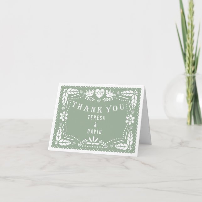 Tarjeta Boda de papel de picado verde sabio Gracias foto (Anverso)