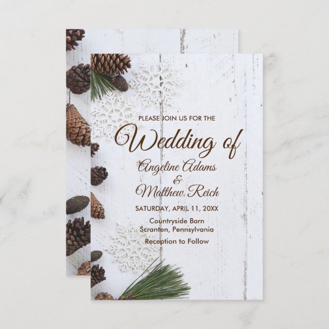 Tarjeta Boda de Pinecone y Snowflakes (Anverso / Reverso)