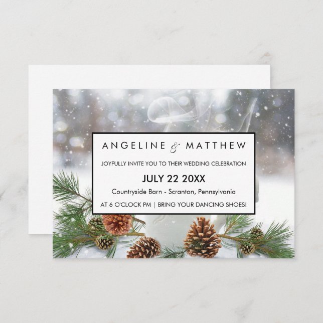 Tarjeta Boda de Pinecone y Snowflakes (Anverso / Reverso)