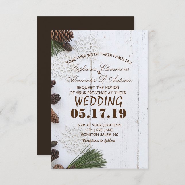 Tarjeta Boda de Pinecone y Snowflakes (Anverso / Reverso)