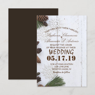 Tarjeta Boda de Pinecone y Snowflakes