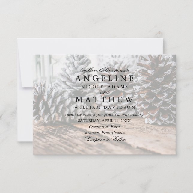 Tarjeta Boda de Pinecone y Snowflakes (Anverso)