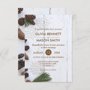 Tarjeta Boda de Pinecone y Snowflakes