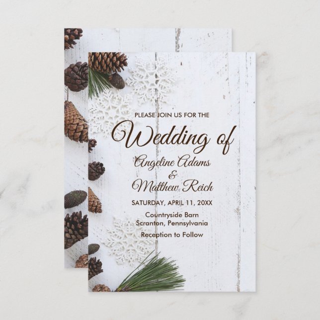 Tarjeta Boda de Pinecone y Snowflakes (Anverso / Reverso)