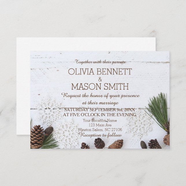 Tarjeta Boda de Pinecone y Snowflakes (Anverso / Reverso)