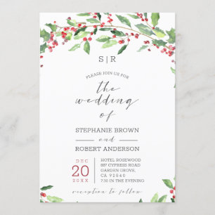 Tarjeta Boda de vacaciones monogramada Holly Wreat