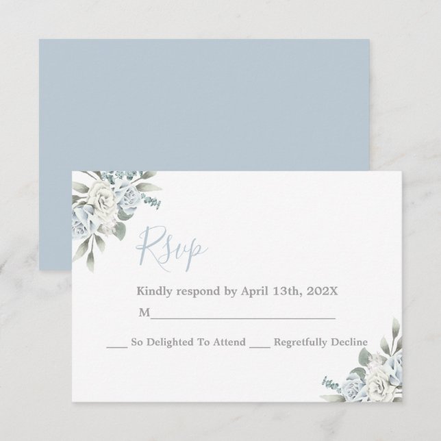Tarjeta boda Dusty Blue Floral RSVP (Anverso / Reverso)
