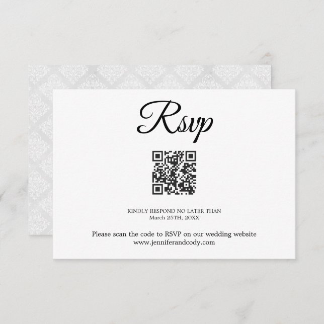 Tarjeta Boda elegante de código Damask RSVP QR (Anverso / Reverso)