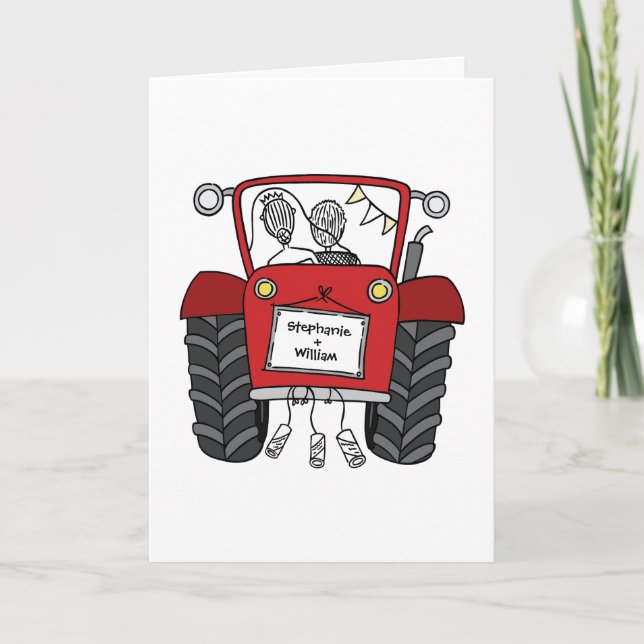 Tarjeta Boda en el campo con Tractor Rojo (Anverso)
