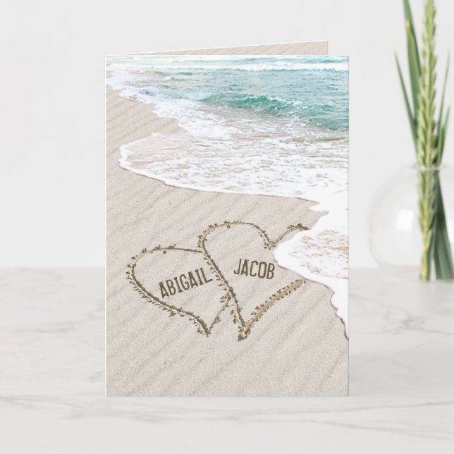 Tarjeta Boda En La Arena Con Surf Y Nombres (Anverso)