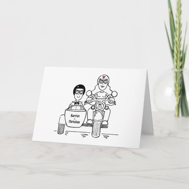 Tarjeta Boda en moto y sidecar (Anverso)