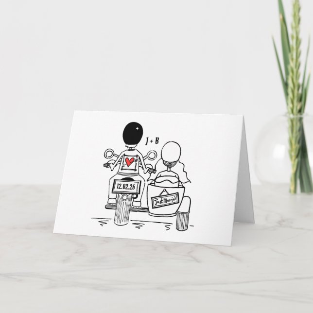 Tarjeta Boda en moto y sidecar (Anverso)