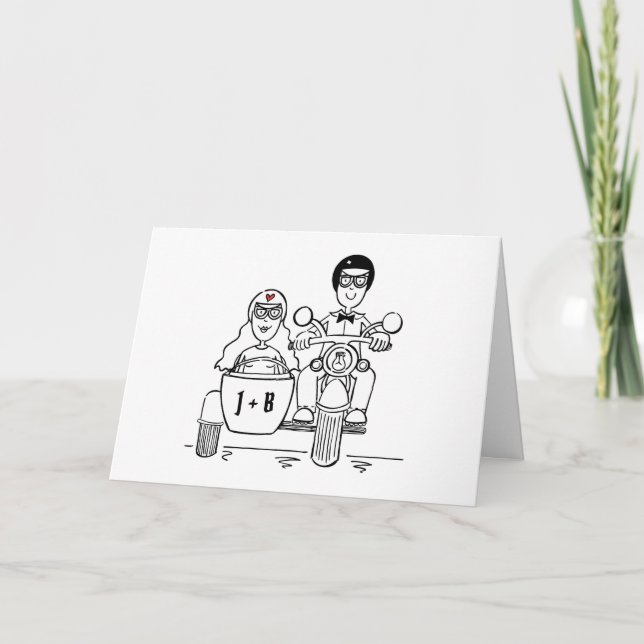 Tarjeta Boda en moto y sidecar (Anverso)