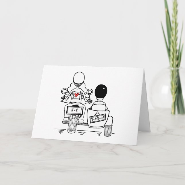 Tarjeta Boda en moto y sidecar (Anverso)