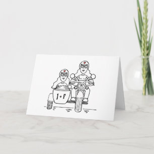 Tarjeta Boda en moto y sidecar de dos novias