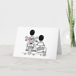Tarjeta Boda en moto y sidecar de dos novios