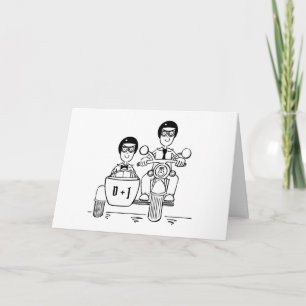 Tarjeta Boda en motocicleta y sidecar para dos novios