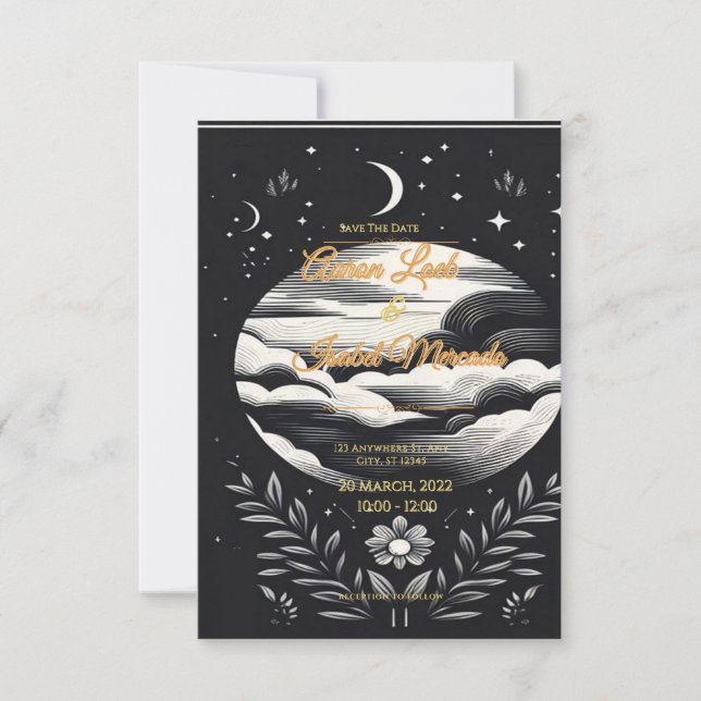 Tarjeta boda estrellas de luna blanca y negra (Anverso)