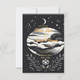 Tarjeta boda estrellas de luna blanca y negra