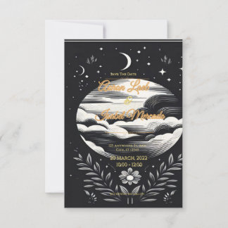 Tarjeta boda estrellas de luna blanca y negra
