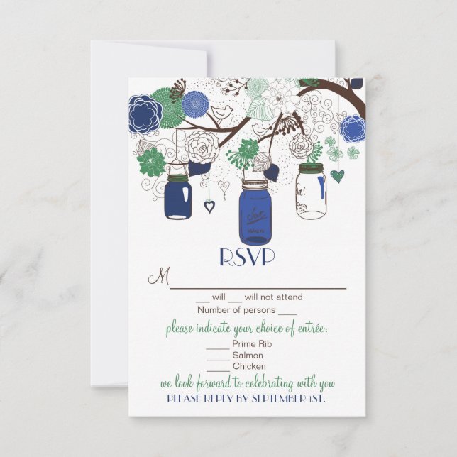 Tarjeta Boda Floral Azul y Verde Mason Jars RSVP (Anverso)