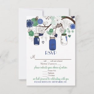 Tarjeta Boda Floral Azul y Verde Mason Jars RSVP