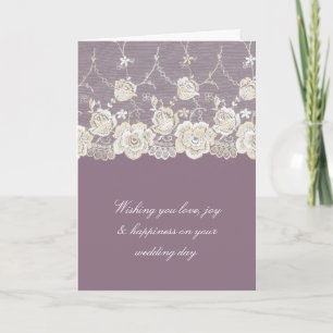 Tarjeta Boda Floral de Encaje Blanco Crema Púrpura Románti
