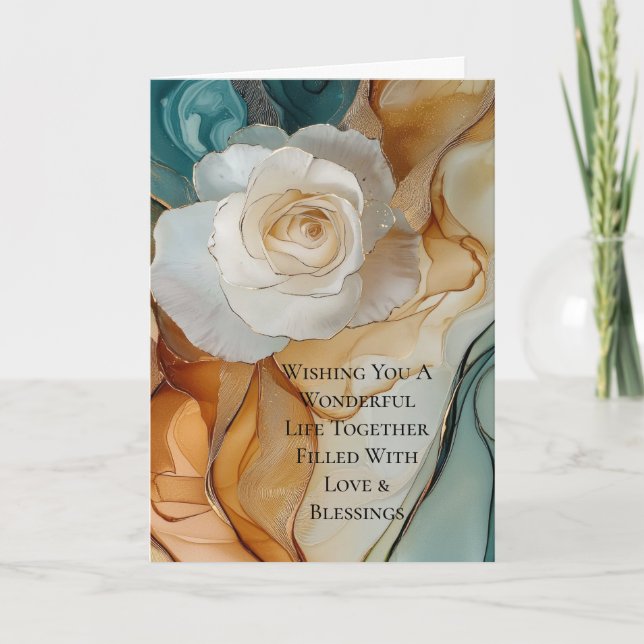 Tarjeta Boda floral de oro blanco azul Aqua (Anverso)