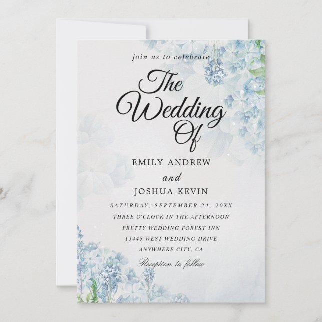 Tarjeta boda floral geométrica con flor azul (Anverso)
