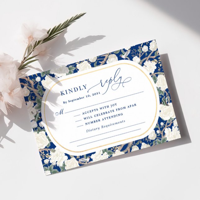 Tarjeta Boda floral Navy Blue Chinoiserie White RSVP (Subido por el creador)