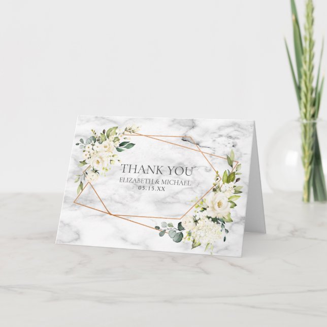 Tarjeta Boda fotográfico de mármol blanco geométrico de co (Anverso)