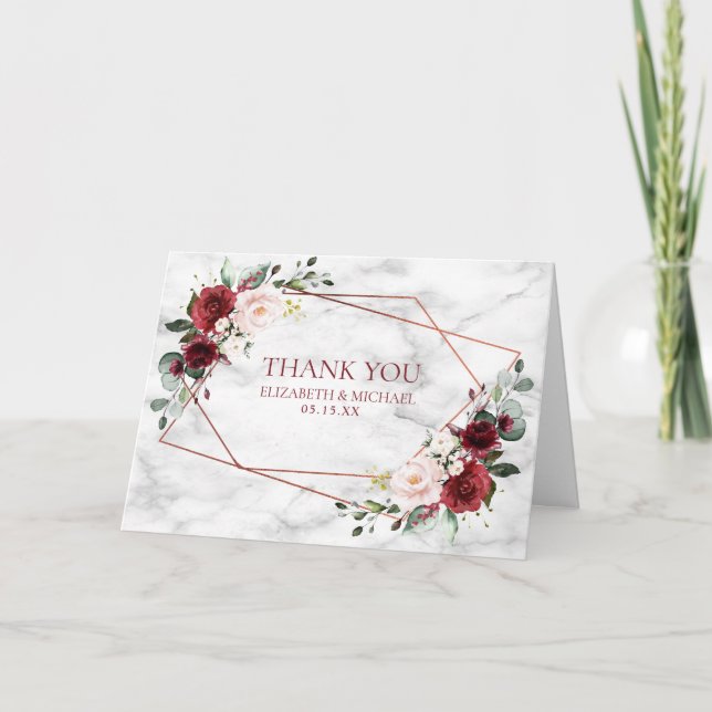 Tarjeta Boda fotográfico de mármol de borgoña geométrica d (Anverso)