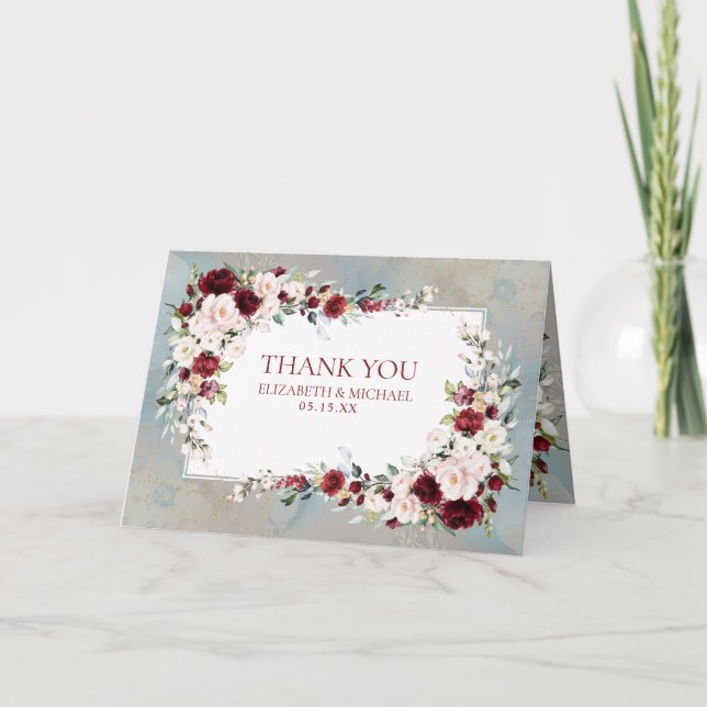 Tarjeta Boda fotográfico floral Dusty Blue Burgundy de Rub (Anverso)