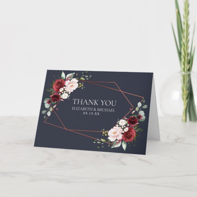 Tarjeta Boda fotográfico geométrico de cobre de borgoña az (Anverso)