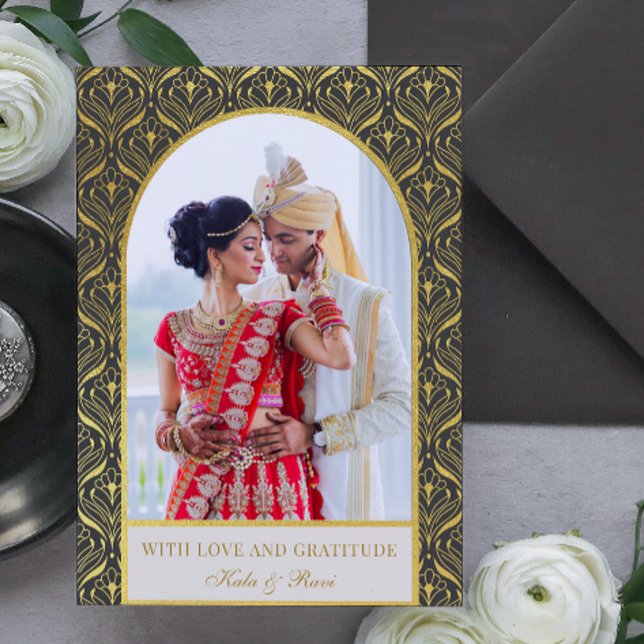 Tarjeta Boda Gold Art Deco Gracias Foto (indian wedding thank you card, hindu wedding thank you card, art deco gold mundap arch photo card)