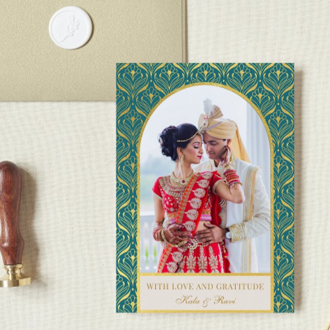 Tarjeta Boda Gold Art Deco Gracias Foto (indian wedding thank you card, hindu wedding thank you card, art deco gold mundap arch photo card)