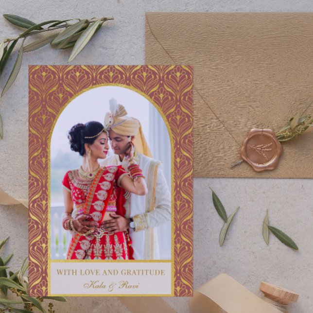 Tarjeta Boda Gold Art Deco Gracias Foto (indian wedding thank you card, hindu wedding thank you card, art deco gold mundap arch photo card)