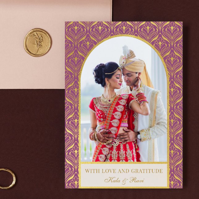 Tarjeta Boda Gold Art Deco Gracias Foto (indian wedding thank you card, hindu wedding thank you card, art deco gold mundap arch photo card)