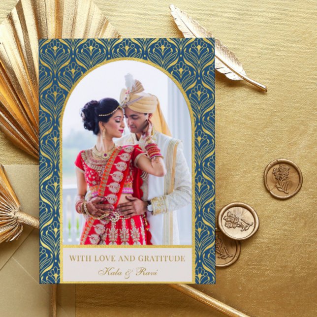 Tarjeta Boda Gold Art Deco Gracias Foto (indian wedding thank you card, hindu wedding thank you card, art deco gold mundap arch photo card)