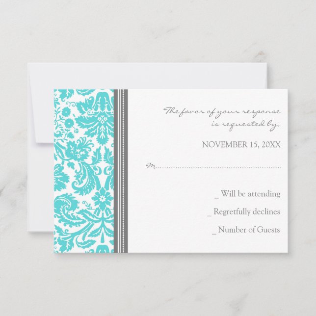 Tarjeta Boda Gray Aqua Damask RSVP (Anverso)