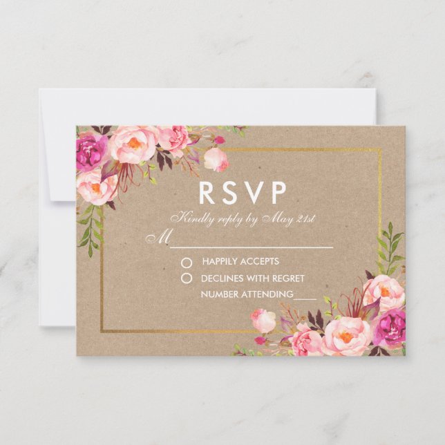 Tarjeta Boda Kraft Pink Rubor Floral Gold RSVP (Anverso)
