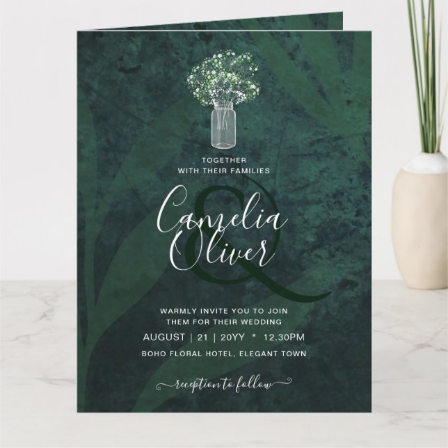 Tarjeta Boda Mason Jar de Gypsophila verde esmeralda LeahG (Anverso)