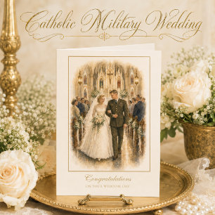 Tarjeta Boda militar católica vintage novia novio
