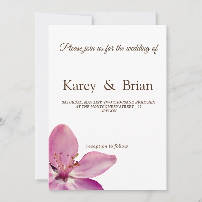 Tarjeta Boda mínima con flores rosadas (Anverso)