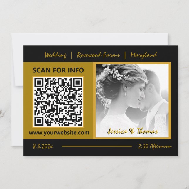 Tarjeta Boda moderna, código QR, foto, negro / oro (Anverso)