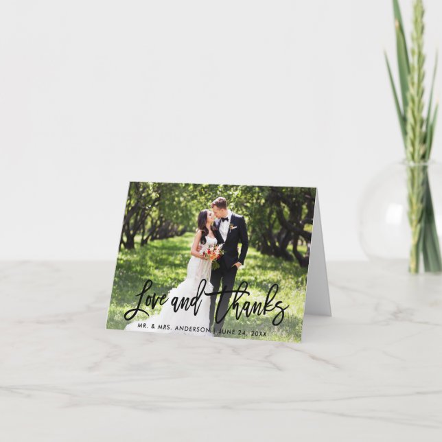 Tarjeta Boda Moderno Brush Script Love and Gracias Note (Anverso)
