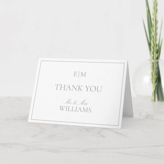 Tarjeta Boda Monograma Sage Green Script Gracias (Anverso)